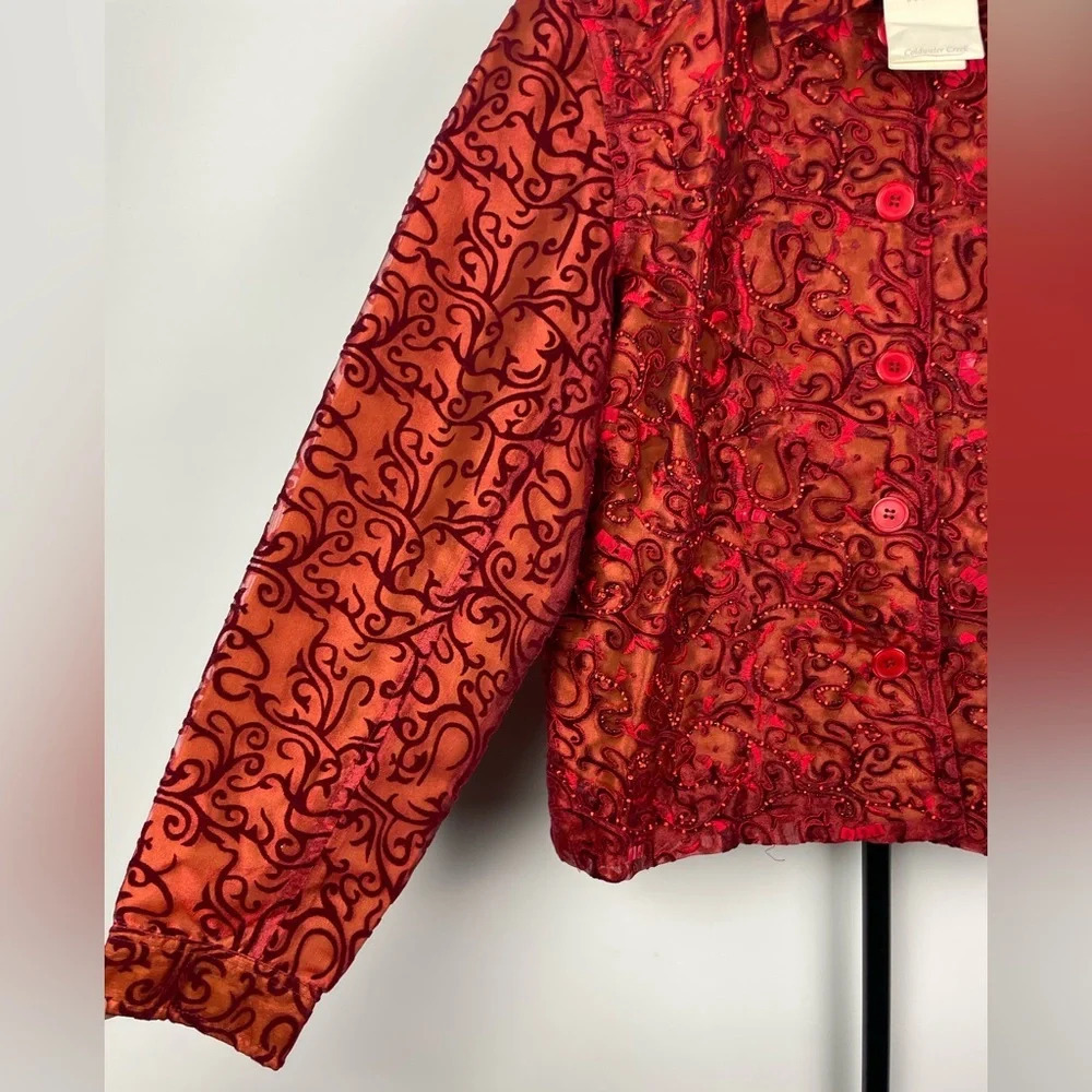 Coldwater Creek Red Beaded Sequined Burnout Scroll Button Up Collared‎ Jacket - Picture 2 of 5